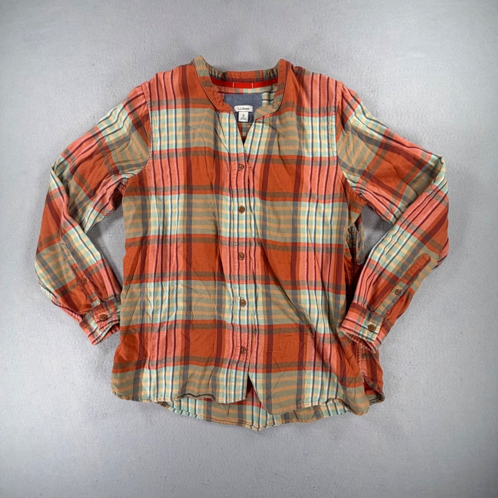 L.L.Bean Womens M Orange Plaid Lyocell Cotton Button Shirt Long Sleeve Outdoors